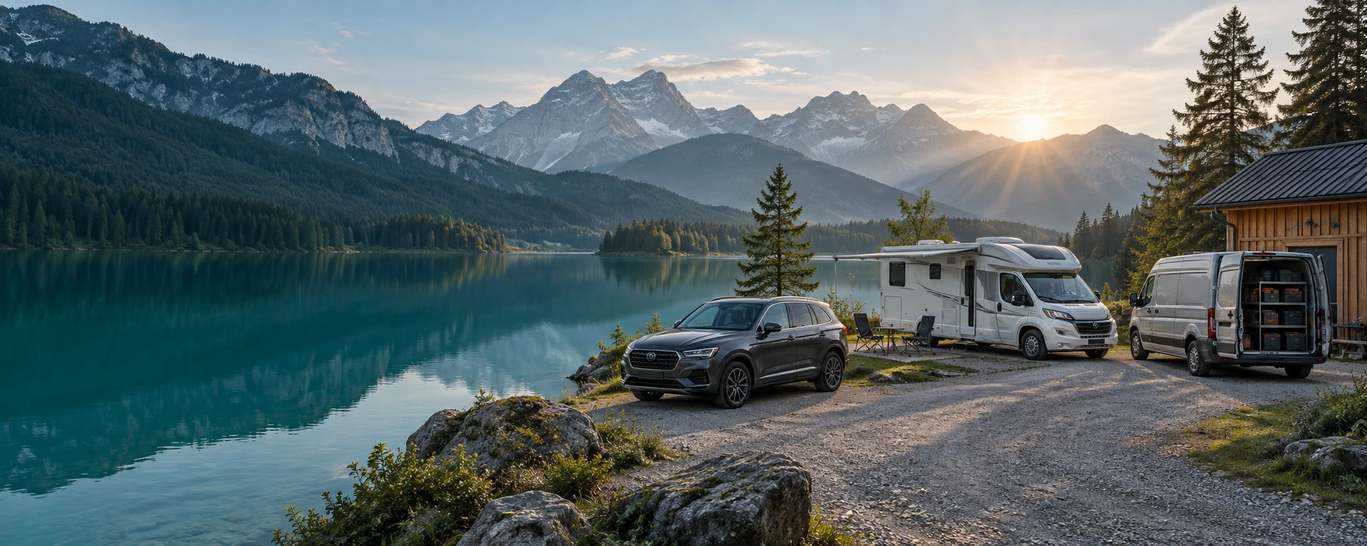 KI-Illustration: PKW, Wohnmobil und Handwerkertransporter am Bergsee