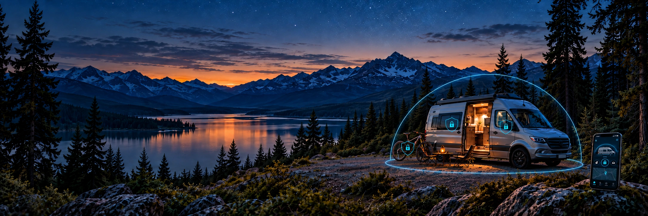 Camper und Mountainbike mit symbolischem Schutzbereich und Pandora Connect am abendlichen Stellplatz