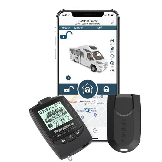 Pandora Camper Pro mit Smartphone, Display-Fernbedienung und Transponder