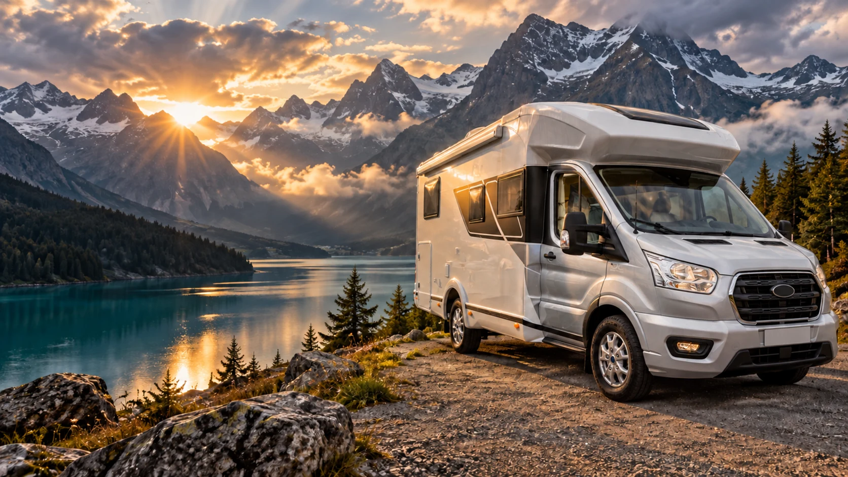 Ford-Wohnmobil am Bergsee – KI-generiertes Motiv