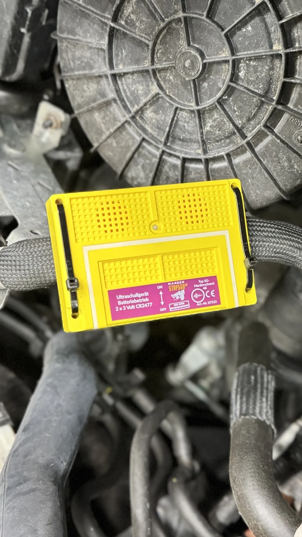 Batteriebetriebener Marderschutz im Motorraum.
