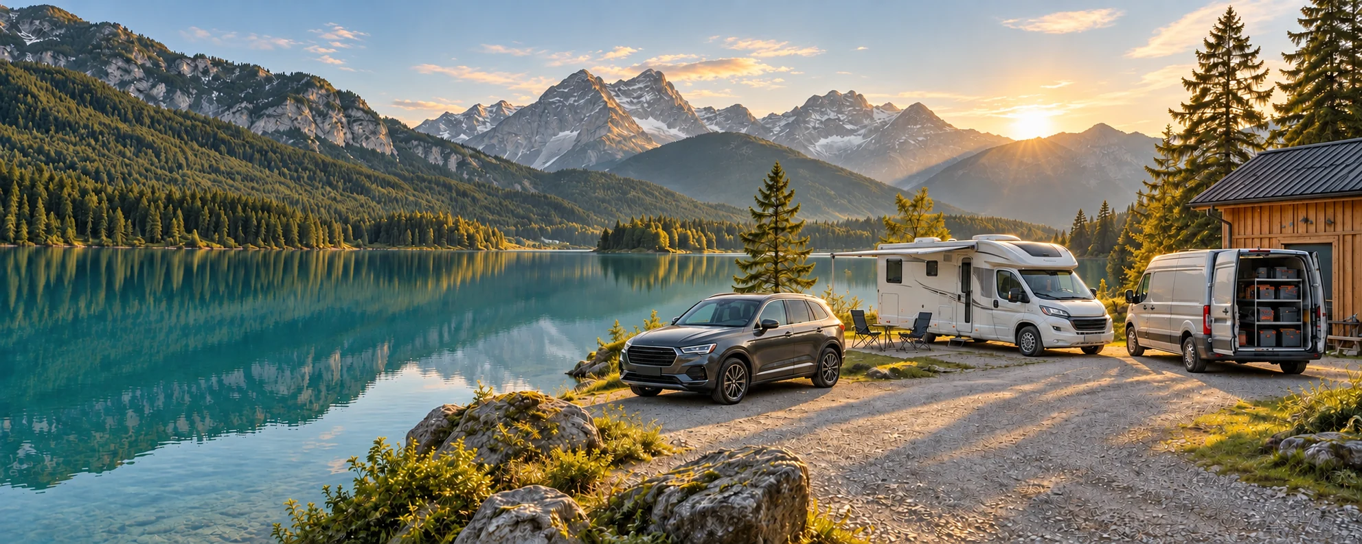 KI-Illustration: PKW, Wohnmobil und Handwerkertransporter am sonnigen Bergsee