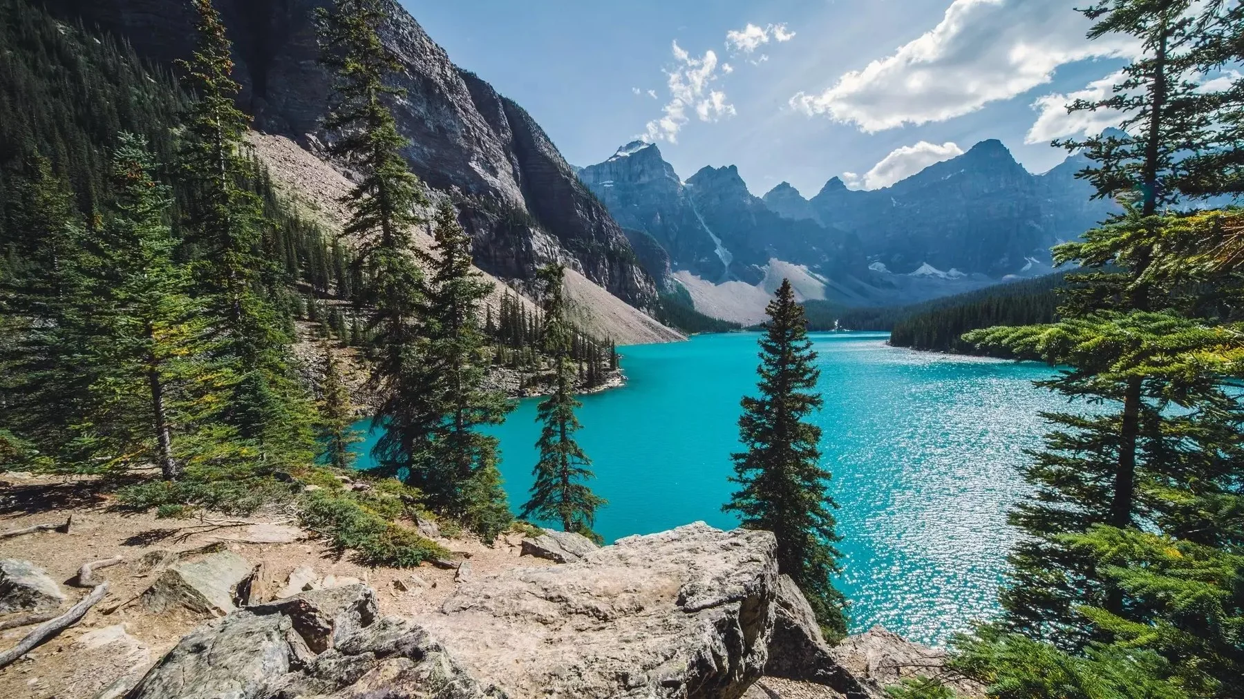 Türkisfarbener Moraine Lake vor felsigen Berggipfeln und Nadelwäldern