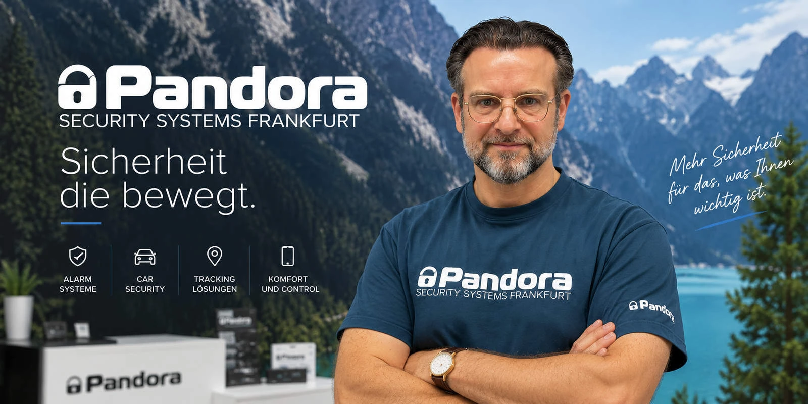 Marco Nolte mit Pandora Security Systems Frankfurt vor einem Bergpanorama