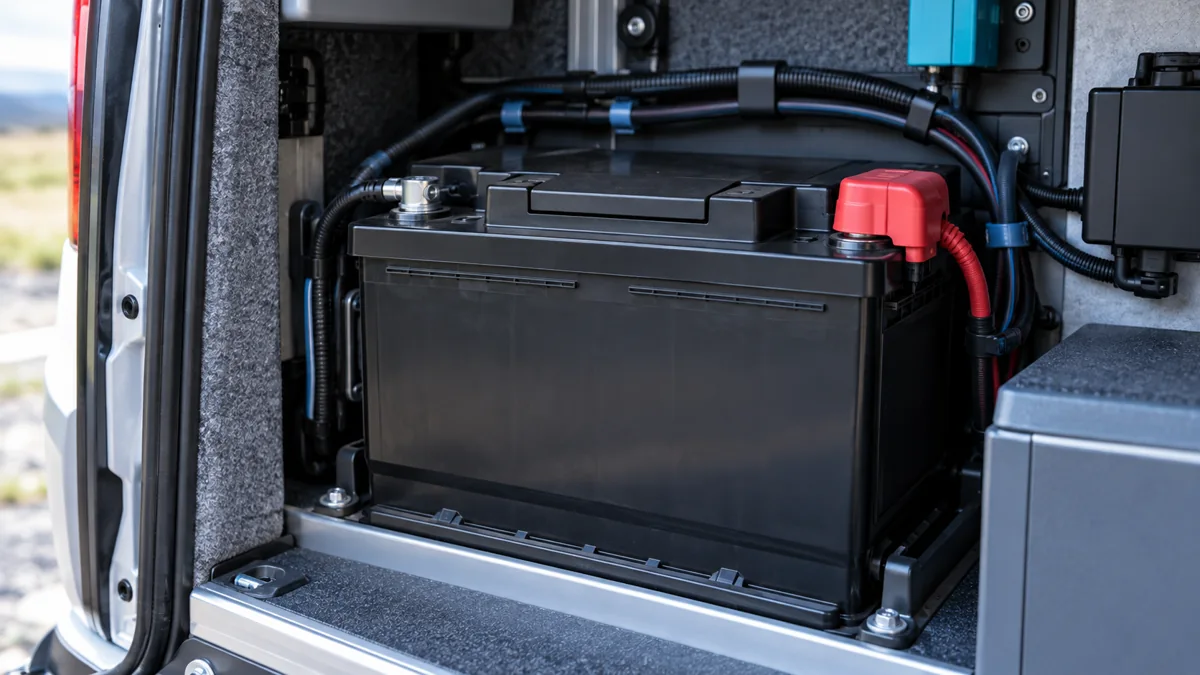 Fahrzeugbatterie in einem aufgeräumten Batteriefach