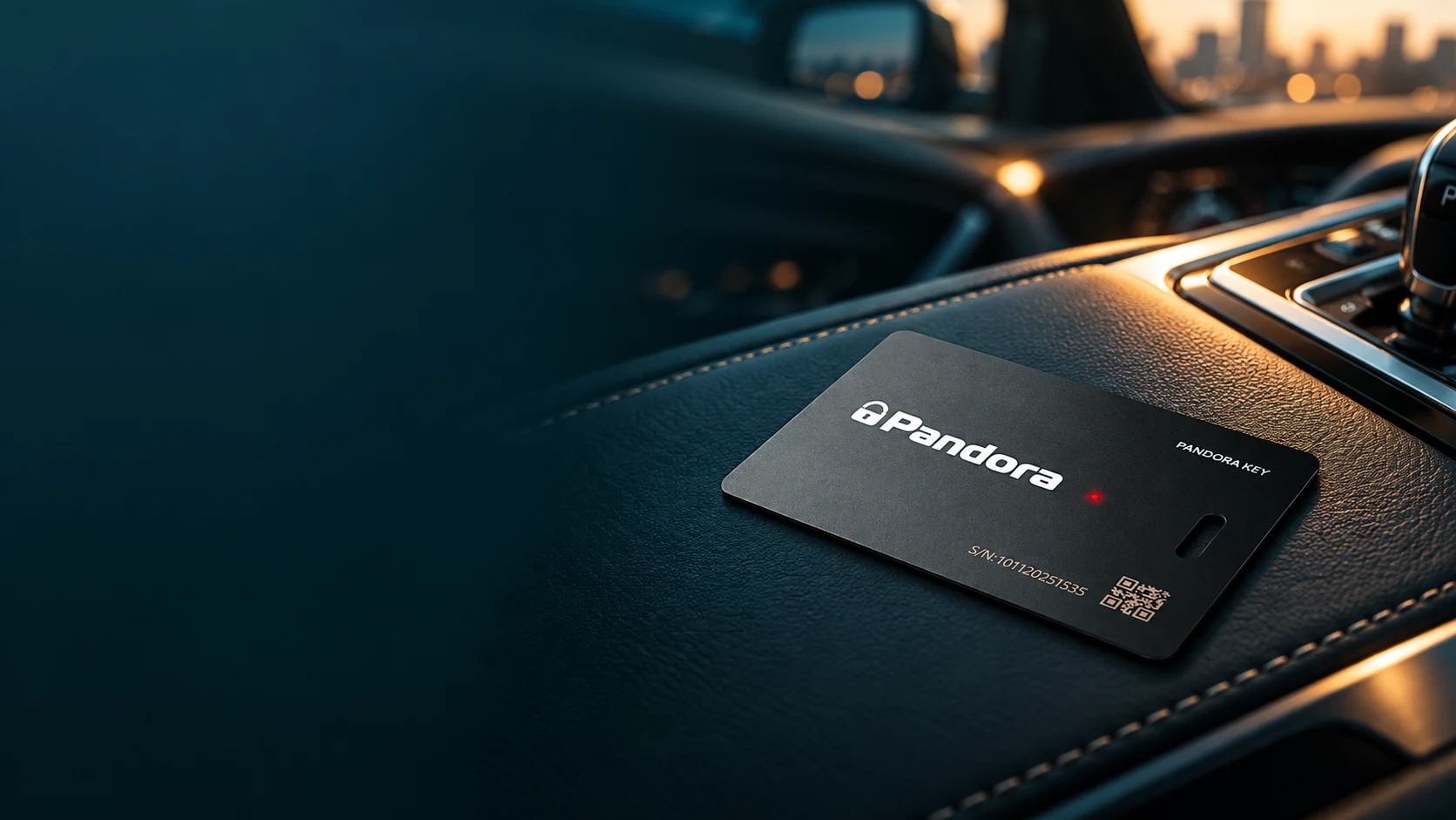 Pandora Card auf einer Fahrzeugmittelkonsole im Abendlicht