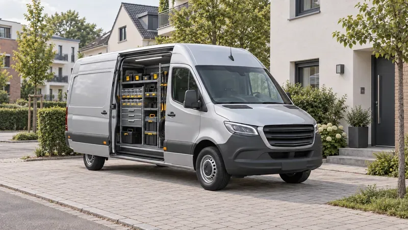 Sprinter mit geöffneter Schiebetür und Werkzeugregalen beim Einsatz in einem Wohngebiet