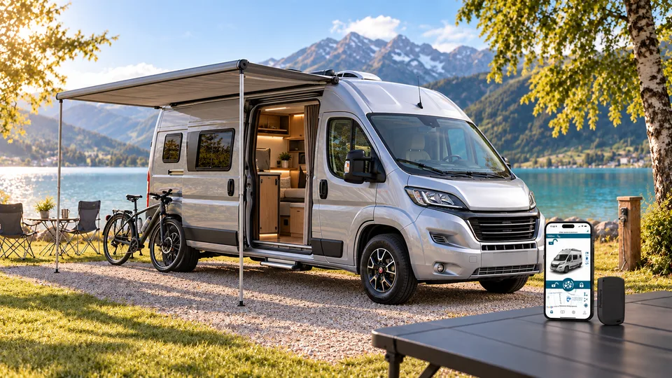 Fiat-Ducato-Camper am See mit geöffneter Schiebetür, ausgefahrener Markise und angelehntem Fahrrad
