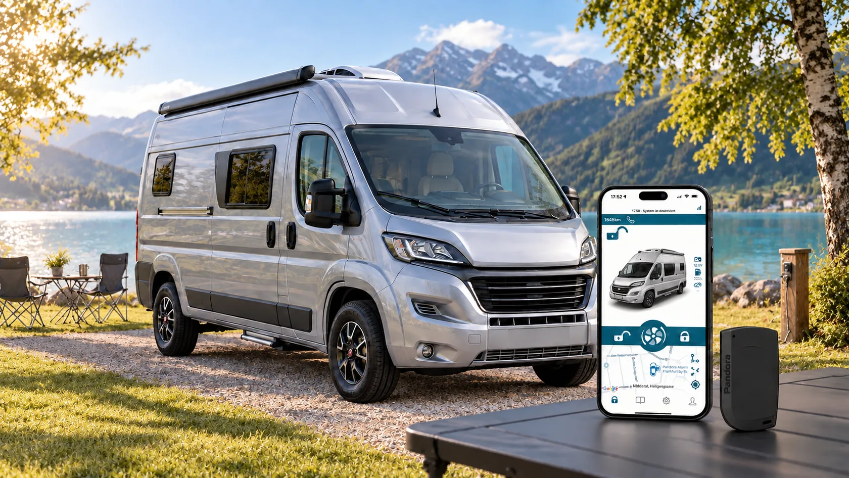 Camper auf Fiat-Ducato-Basis am See mit Pandora Connect App und Pandora Tag – KI-generiertes Symbolbild