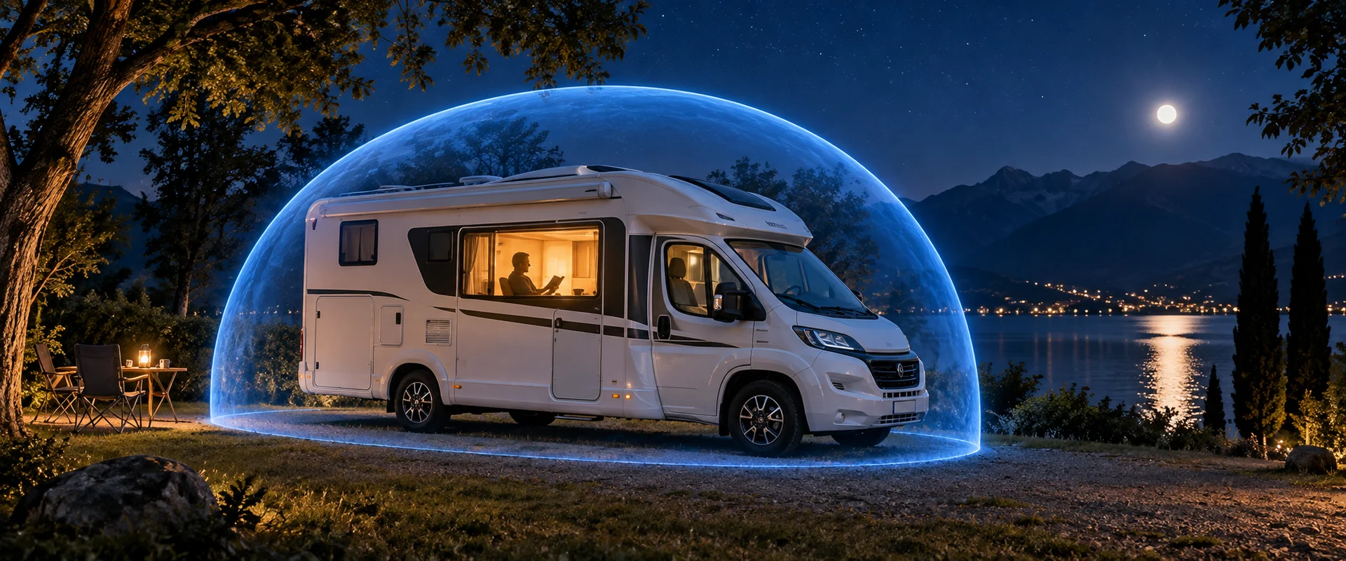 Teilintegriertes Wohnmobil bei Nacht mit einer Person im beleuchteten Innenraum und einer symbolischen blauen Schutzhülle