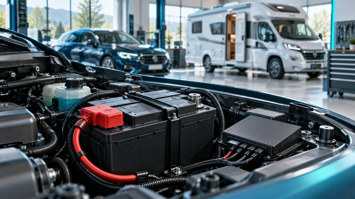 Fahrzeugbatterie und Elektronik im Vordergrund, PKW und Wohnmobil in einer Werkstatt