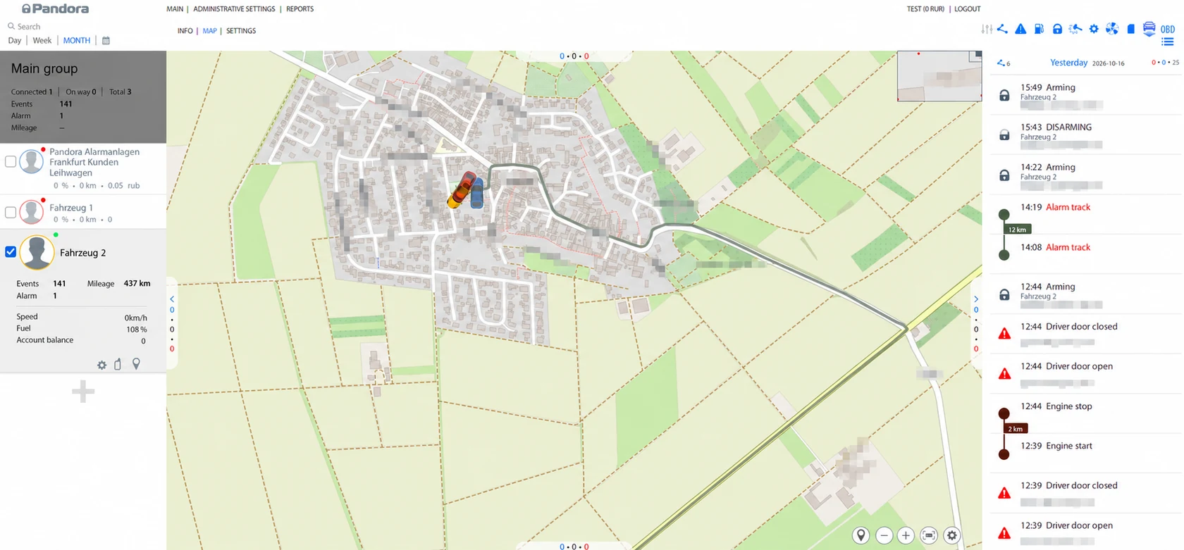 Kartenansicht mit Fahrzeugverwaltung und Ereignishistorie
