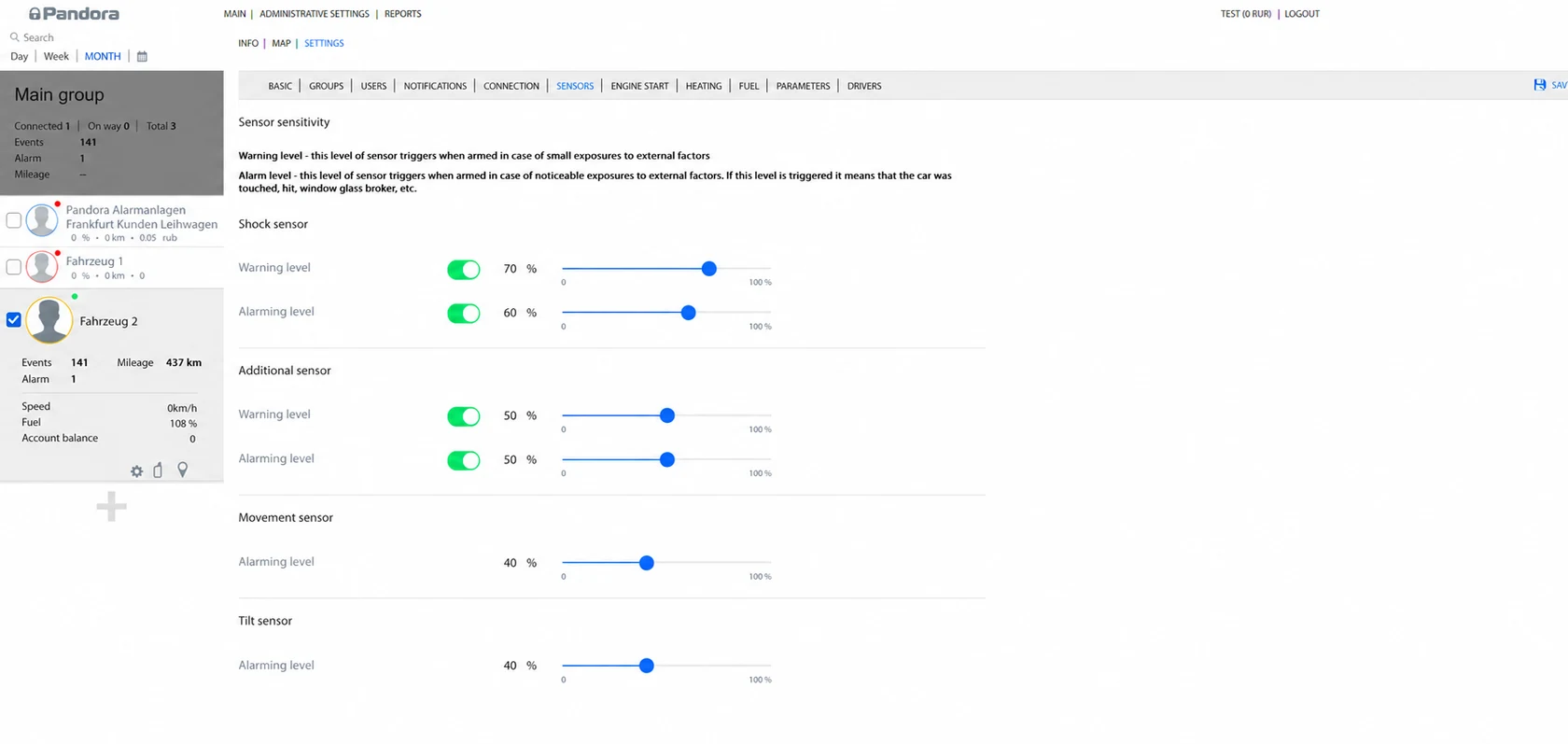 Sensor-Einstellungen im Pandora-Webportal