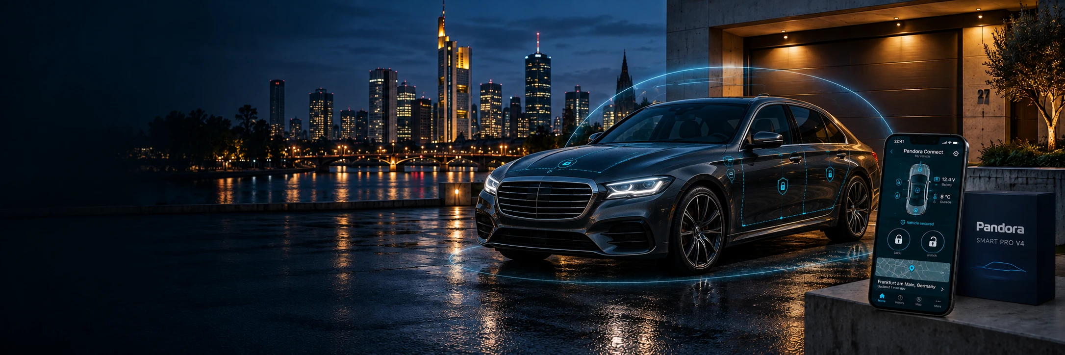Markenfreier PKW vor der Frankfurter Skyline mit Schutzsymbolen, Pandora Connect und Smart Pro V4