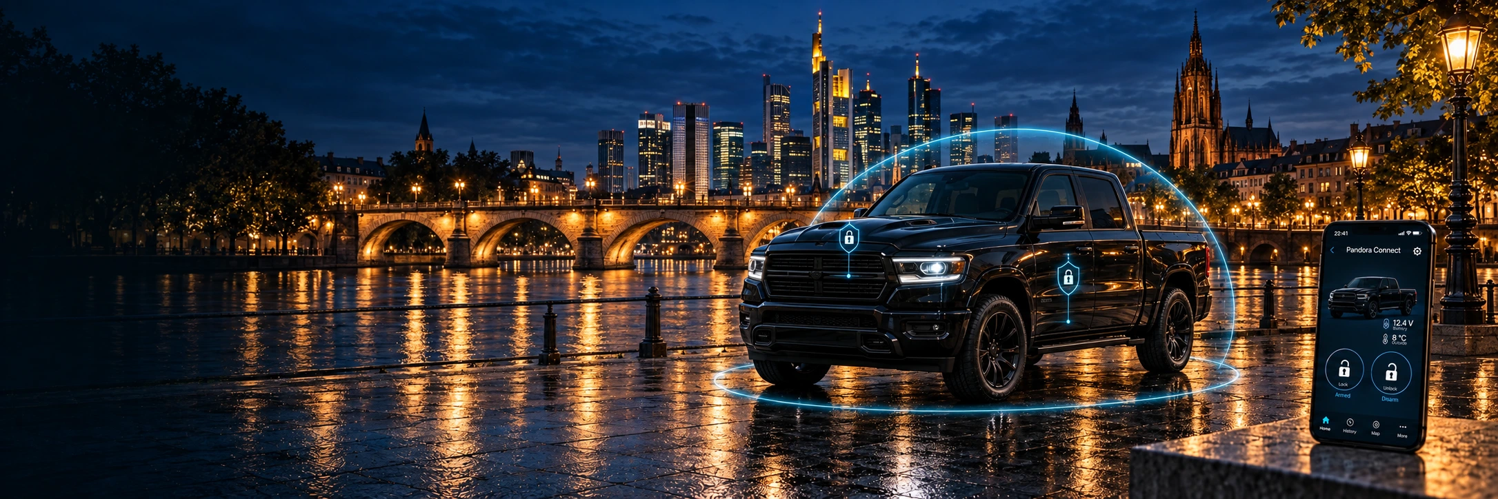 Dodge RAM vor der Frankfurter Skyline mit interaktiver Pandora-Schutzdemo