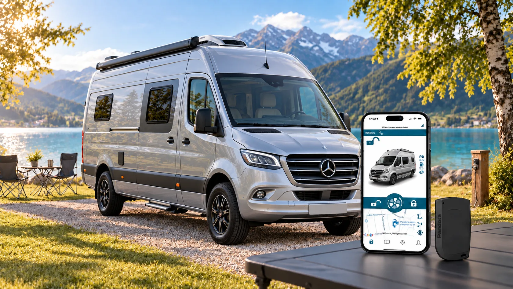 Camper auf Mercedes-Sprinter-Basis am See mit Pandora Connect App und Pandora Tag – KI-generiertes Symbolbild