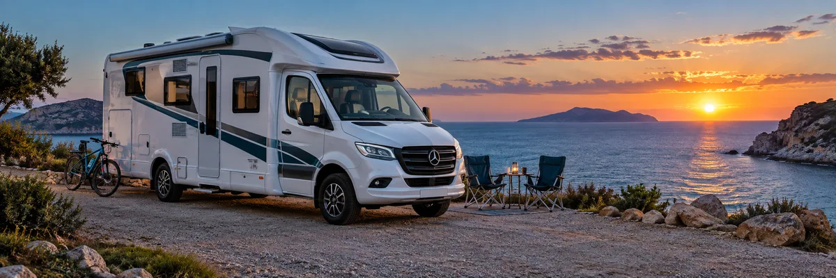 Teilintegriertes Sprinter-Wohnmobil mit Fahrrad und Campingstühlen am Meer bei Sonnenuntergang