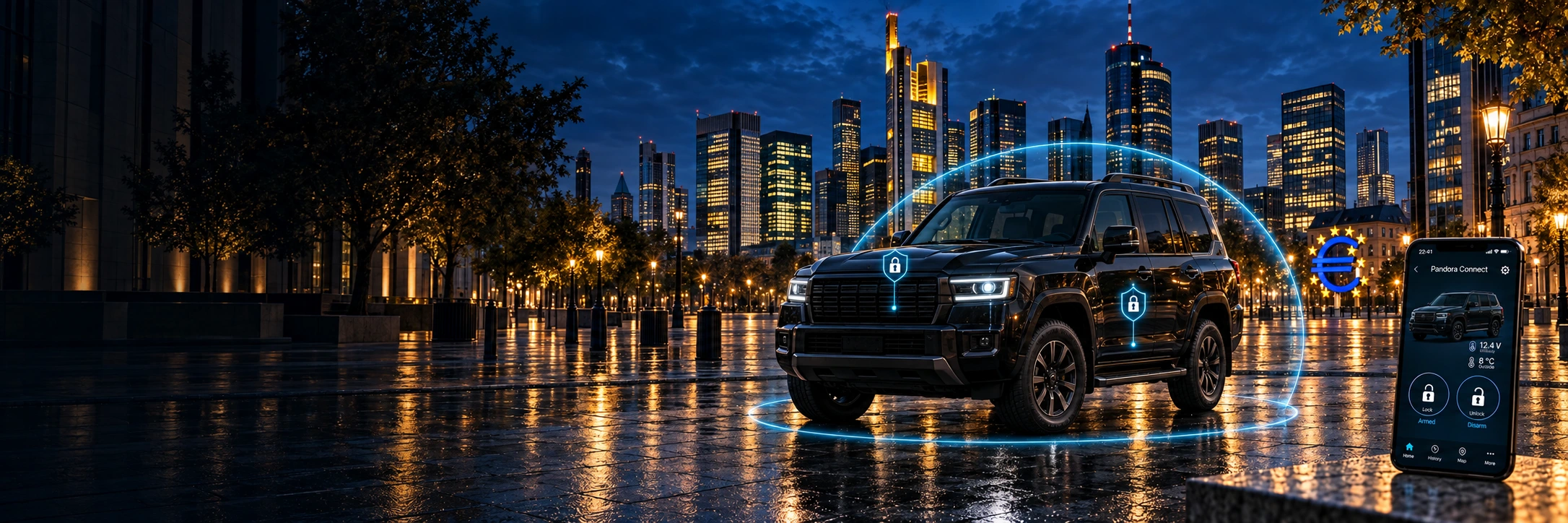 Toyota Land Cruiser vor der Frankfurter Skyline mit interaktiver Pandora-Schutzdemo