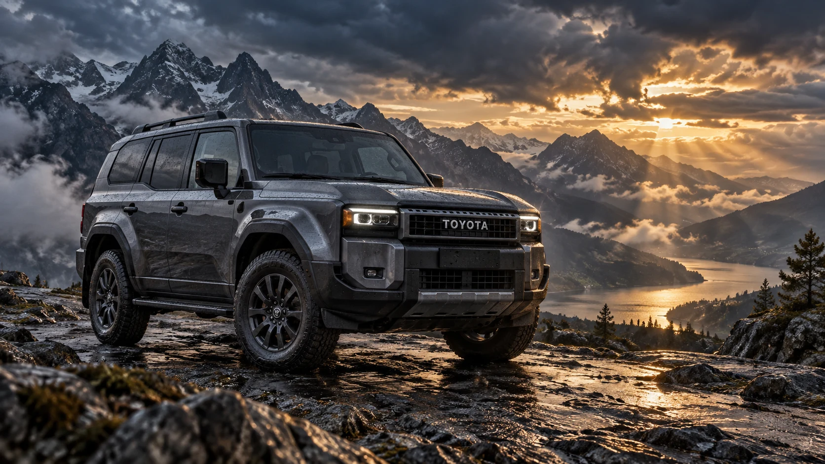 Toyota Land Cruiser Prado J250 in dramatischer Berglandschaft – KI-generierte Illustration.
