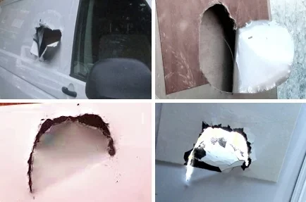 Vier Detailaufnahmen von aufgeschnittenen Transporterwänden
