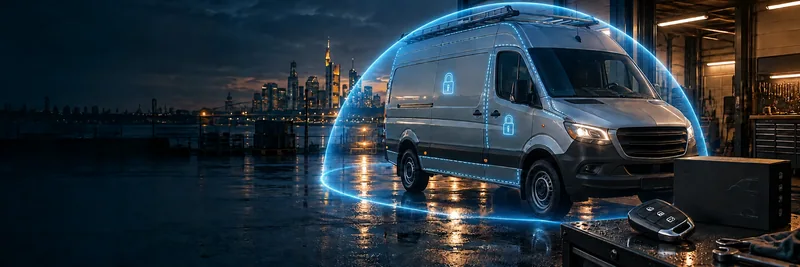 Handwerker-Transporter mit symbolischem Laderaumschutz, Fahrzeugfernbedienung und Pandora Smart Pro Van