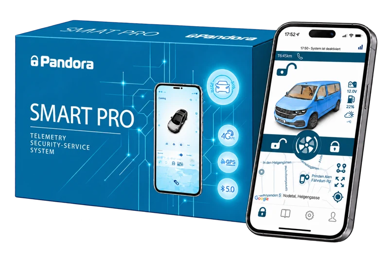 Pandora Smart Pro V4 Van – Produktbox und Smartphone mit Pandora Connect App und blauem Kleinbus