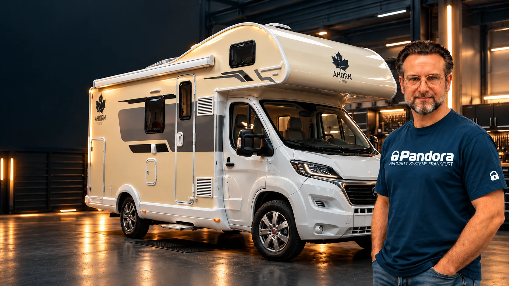 Bildkomposition zum Video: Ahorn Alkoven-Wohnmobil und Pandora Alarmanlage Camper Mini für Wohnmobile.