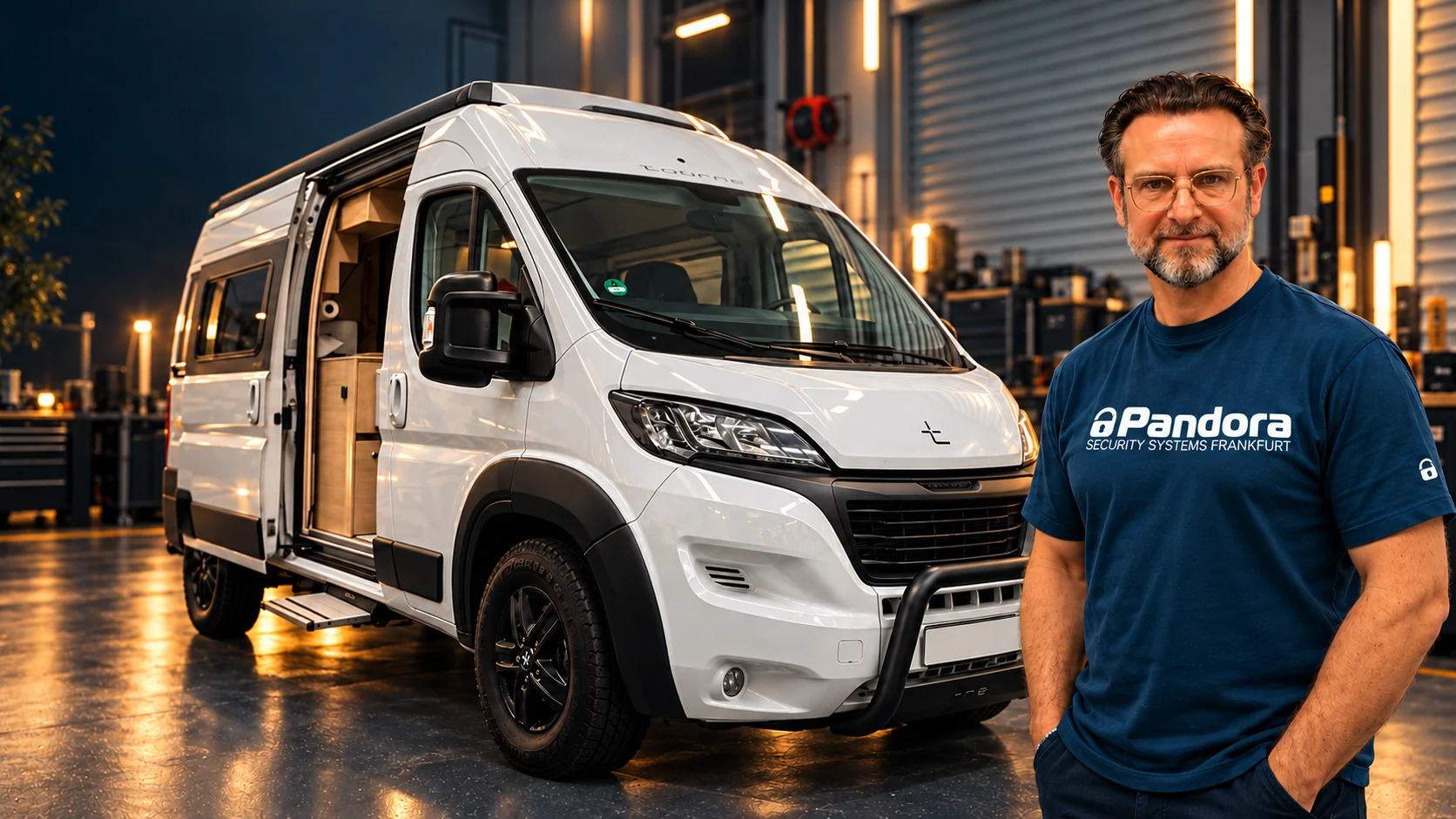 Bildkomposition zum Video: Peugeot Boxer Tourné und Pandora Alarmanlage Camper V3 für Wohnmobile.