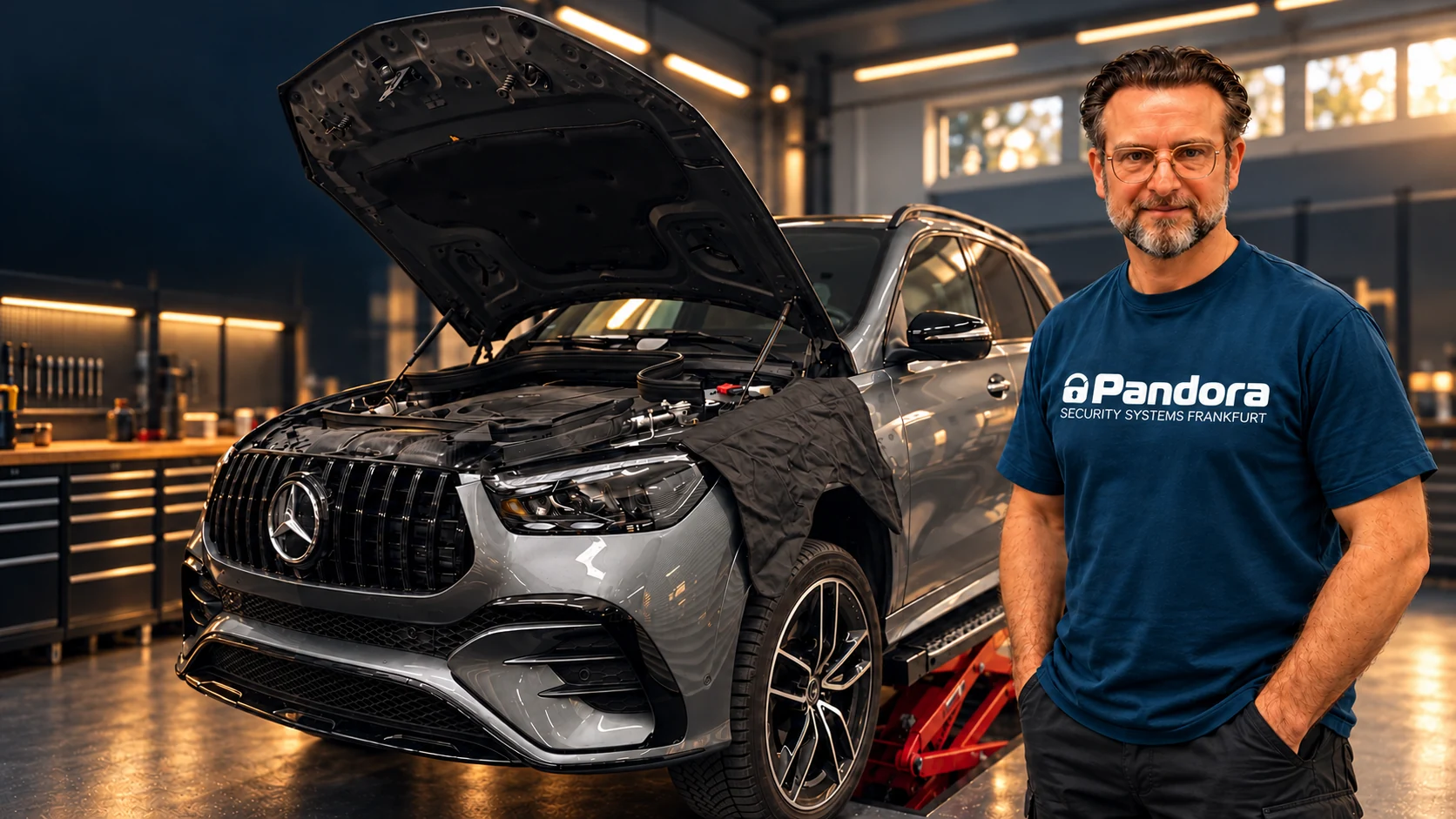 Bildkomposition zum Video: Mercedes-Benz GLE AMG und Pandora Alarmanlage Smart Pro V4 für PKW.