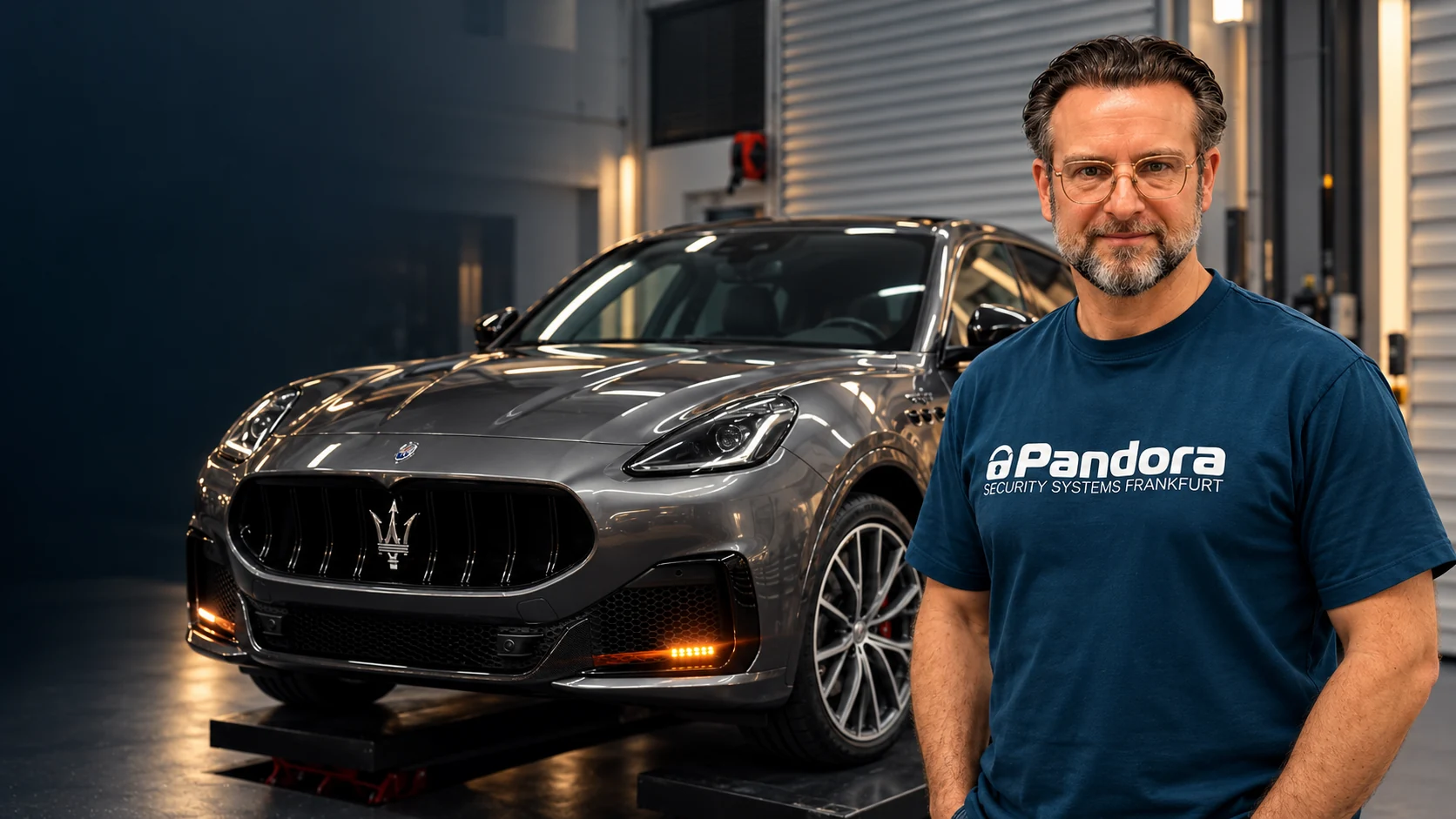 Bildkomposition zum Video: Maserati Grecale Trofeo und Pandora Alarmanlage Smart Pro V4 für PKW.