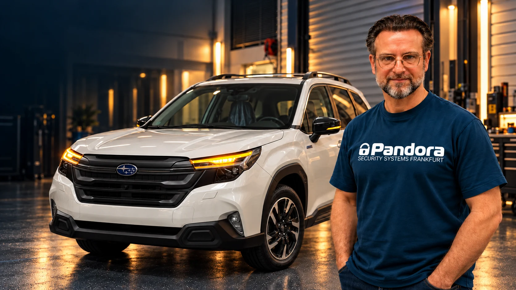 Bildkomposition zum Video: Subaru Forester und Pandora Alarmanlage Smart Pro V4 für PKW.