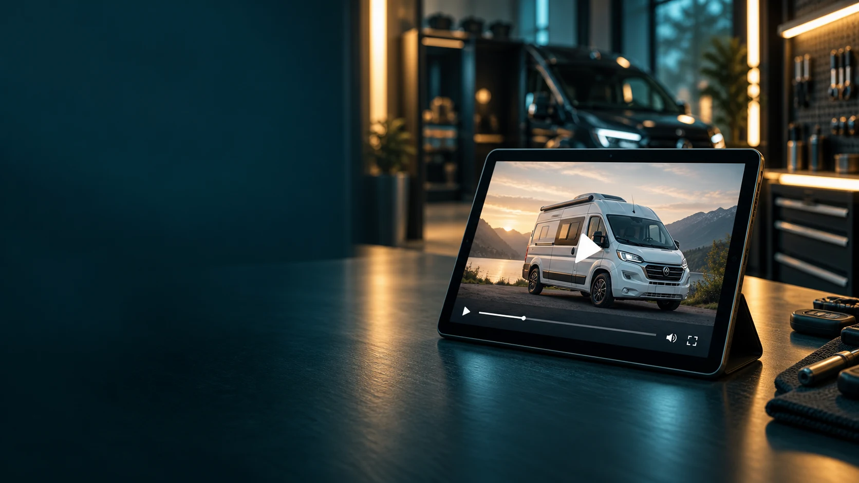 Tablet mit einem Fahrzeugvideo in einer Werkstatt