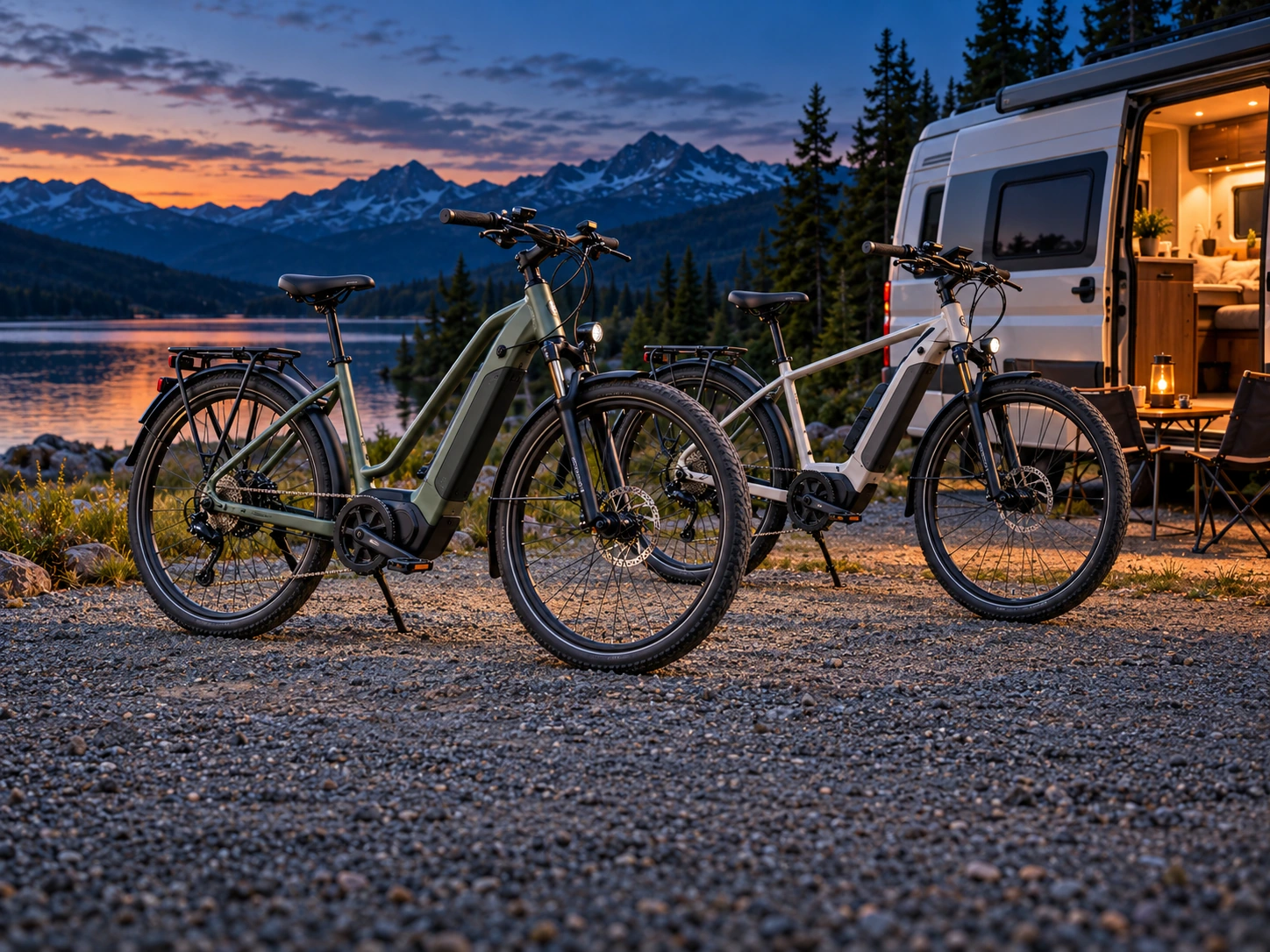 Zwei E-Bikes vor einem Wohnmobil am See – KI-generiertes Symbolbild